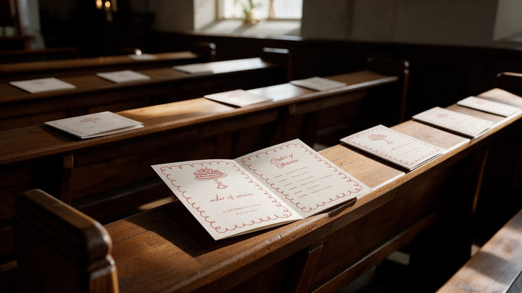 Cream wedding mass booklets with hand-drawn red scalloped borders on wooden church pews, by Meridian Studio