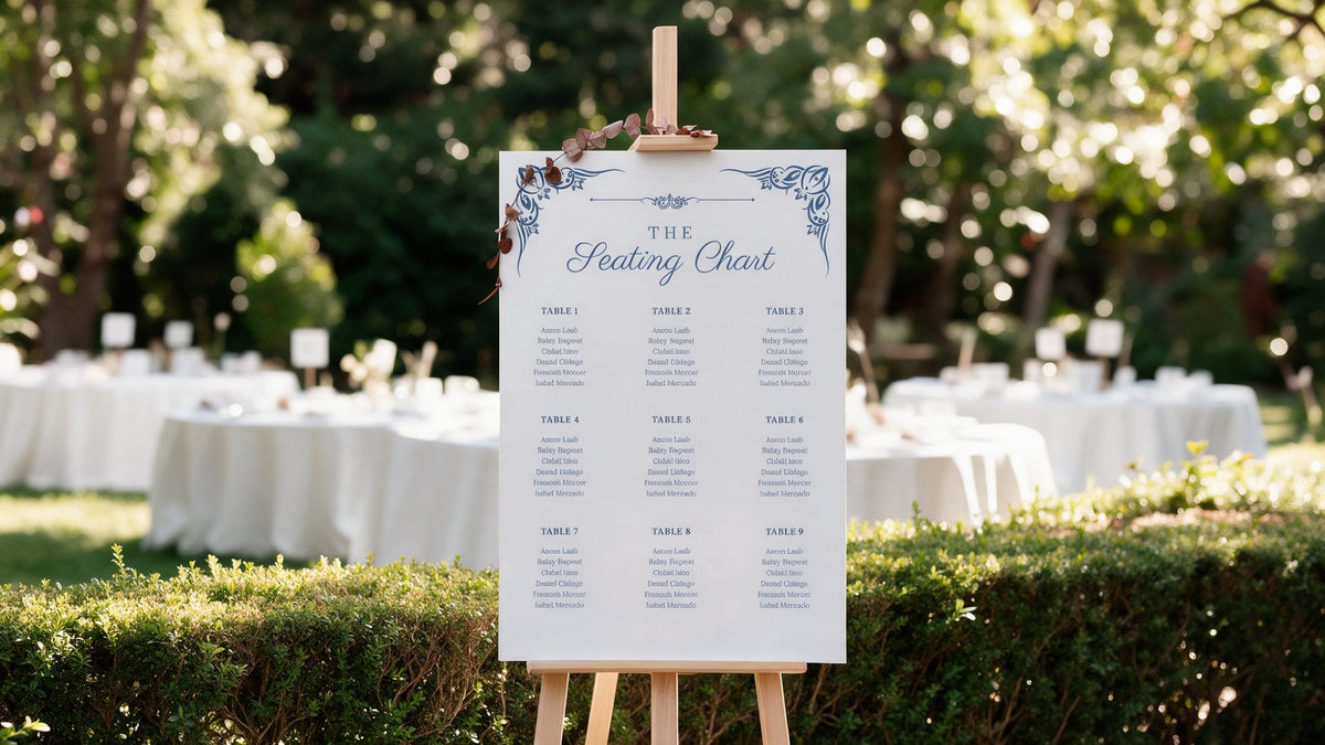 Wedding seating chart sign with a navy floral border on a wooden easel at a garden reception, by Meridian Studio