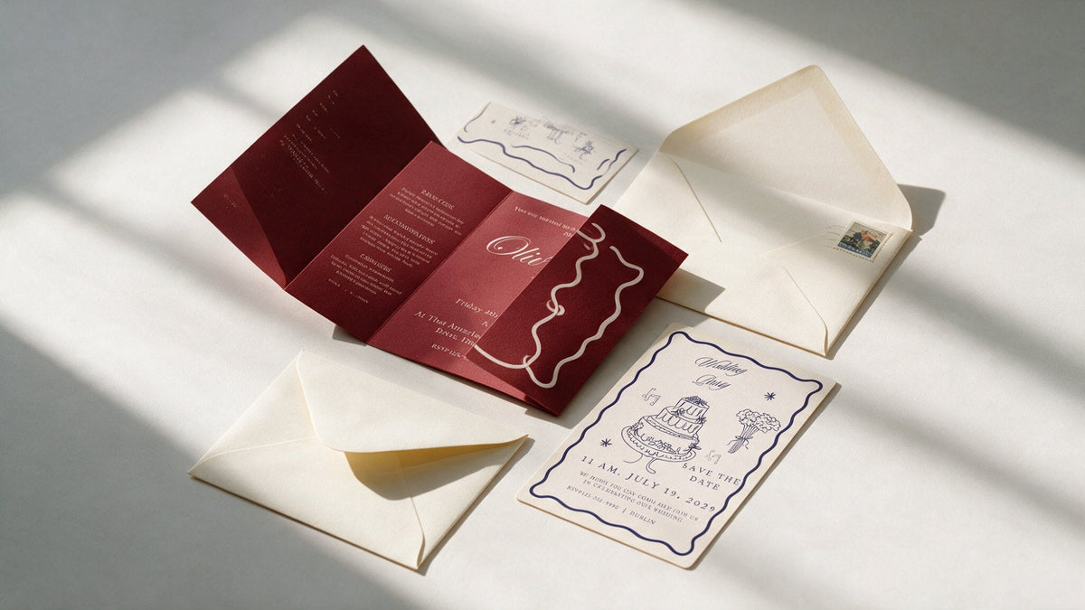 Burgundy gatefold wedding invitation and wavy-edged save the date card with cream envelopes, by Meridian Studio